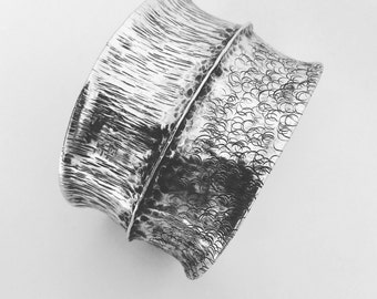 Wide Silver cuff. fold formed cuff. textured cuff. sterling silver. statement piece