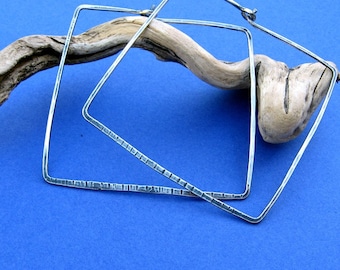 Textured Sterling Silver Square Hoop Earrings - 2 inch 16ga wire