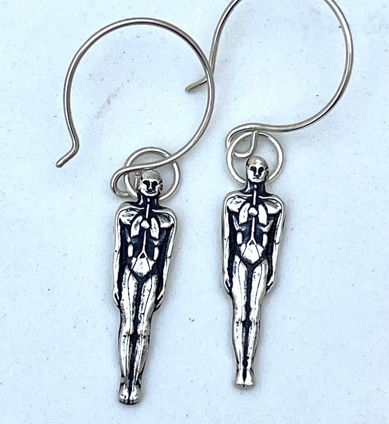 silver anatomical man earrings. Gothic Halloween jewelry in sterling silver. medical body image 2