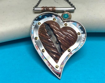 Handmade Mixed Metal Heart Necklace: Sterling Silver, Copper & Turquoise