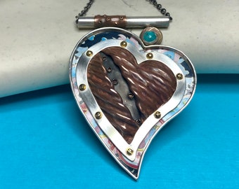 Oversized Statement Heart necklace. mixed metals. sterling silver, copper and tin. handmade. heart necklace