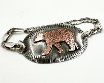 Bear Bracelet, Copper bear on sterling silver, handmade
