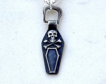 Skull and Coffin pendant. skull and crossbones. Gothic Halloween pendant in silver