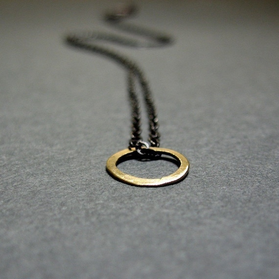 14k gold circle on an oxidized sterling chain necklace little gold O...