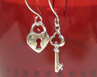 Sterling Silver Key and Heart Dangle Earrings