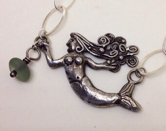 Sterling silver Mermaid necklace, sterling chain with seaglass