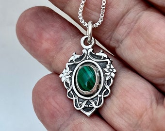 Handmade malachite in silver Pendant Necklace. green stone pendant. sterling silver One of A Kind ooak