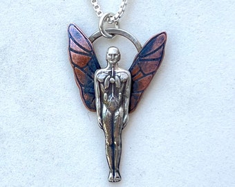 Winged Anatomical Man- Gothic Halloween Fairy pendant in silver and copper. Oddity. Cabinet of Curiosities