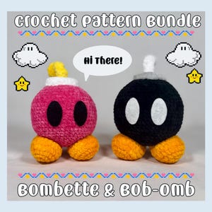 May include: Crochet pattern bundle for making a pink Bombbette and a black Bob-omb, both with white eyes and yellow feet. The pattern includes the text "Hi There!" in a speech bubble.