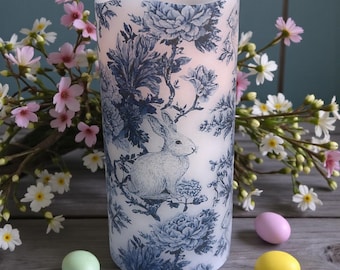 Rabbit in blue toile design, real wax flameless candle, classic pattern, LED candle for Easter, bunny design, 3"x6".