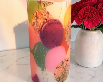 Colorful balloon bunch, real wax Flameless Candle, vibrant balloon bouquet image,  LED candle, 3"x6".