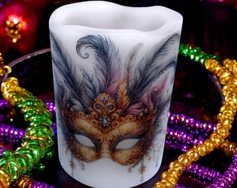 Elegant masquerade image, real wax flameless candle, beautiful Mardi Gras-style feathered disguise, LED candle, New Orleans image,3&quot;x4&quot;.