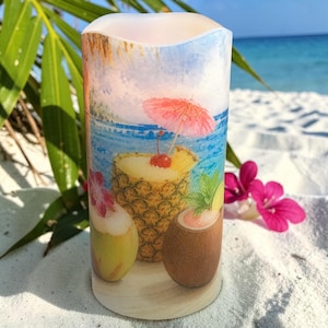 Tropical drinks, real wax flameless candle, brightly-colored, Whimsical, cocktails on the beach, summer candle, 3"x6".