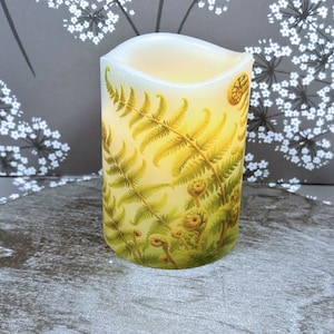 May include: A white pillar candle with a fern design. The candle has a warm glow and is perfect for adding a touch of nature to any room.