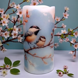 Chickadee & Baby Bird, real wax flameless candle, lovely image of mama and baby bird on a delicate branch, LED candle, 3"x6".