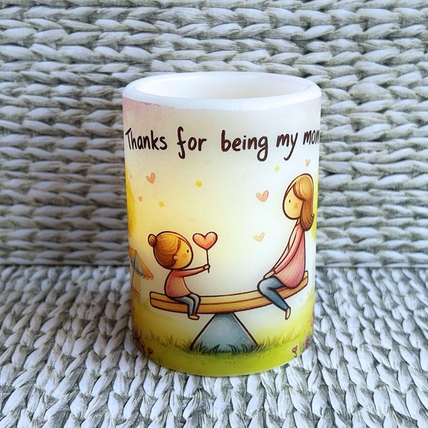 Little girl and mom on seesaw, real wax flameless candle, says, "Thanks for being my mom.", Mother's Day gift, LED candle for mom, 3"x4".