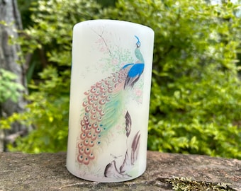 Peacock design, real wax, flameless, LED candle with vintage peacock design, fancy peacock candle, 3"x5".