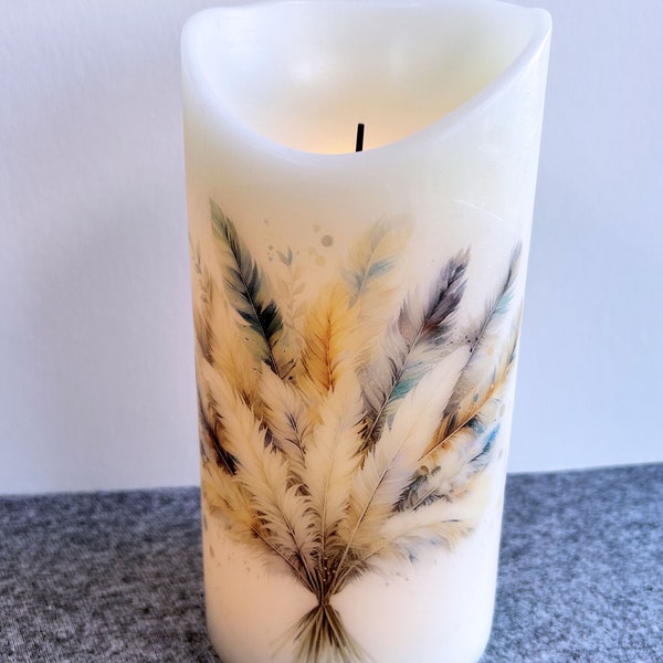 Feather design on mega-large real wax, flameless candle, realistic asymmetrical  LED candle with  multi-color feather pattern, 4"x8".