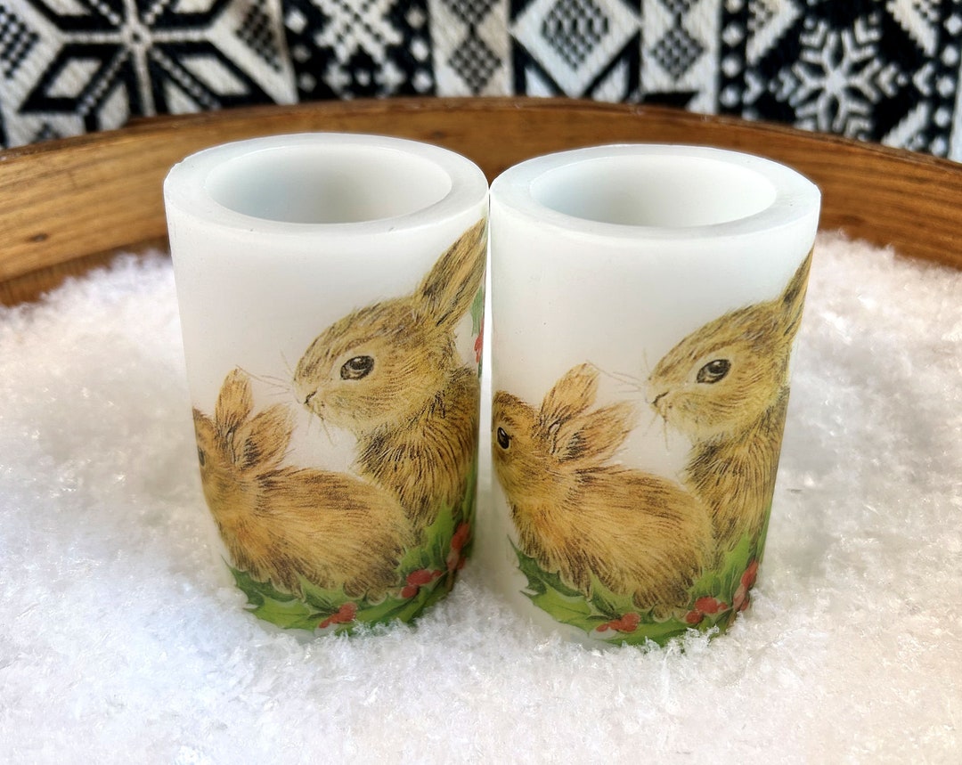 Winter Rabbits and Birds, Flameless Candle Pair, Large Real Wax Votive