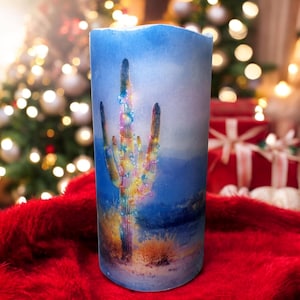 Cactus with Christmas lights, real wax flameless candle, southwestern Christmas, cactus decorated in the desert, LED candle, 3&quot;x6&quot;.