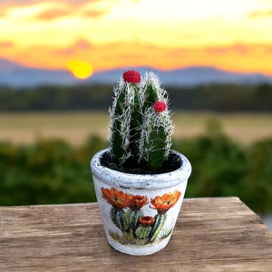 Faux Cactus in Decoupaged Cement Pot, small silk cactus in adorable decoupaged pot.