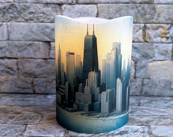 Striking city skyline, real wax flameless candle, modern decor item, LED candle for the home, 3"x4".