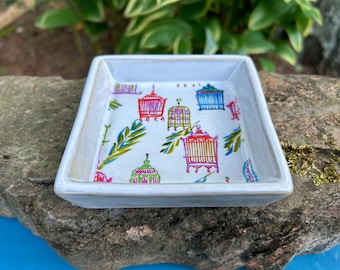 Multi-color birdcage trinket dish, square ceramic catch all with hand decoupaged design- see matching candle.