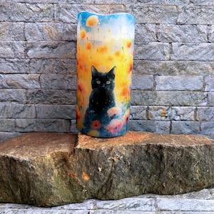 Black Cat in Poppy Field, real wax flameless candle, adorable cat in a lovely field of flowers, LED candle, 3&quot;x6&quot;.