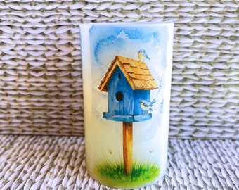 Rustic blue birdhouse and birds, real wax flameless candle, adorable bird image in watercolor style, room decor, LED candle, 3"x5".