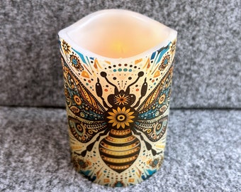 Fabulous folkart style bee image, real wax flameless candle, bold and colorful pillar candle with lovely bee design, 3"x4".