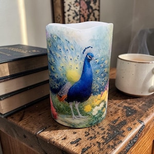 Peacock on full display, real wax flameless candle, colorful image of a Peacock in a garden, large LED candle, 4"x6".