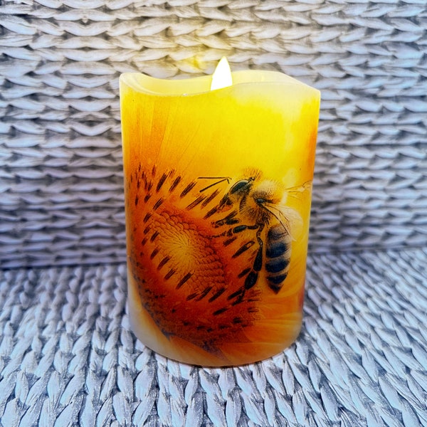 Close up of bee on sunflower,  real wax flameless candle, nature inspired  pillar candle with lovely bee and flower design, 3"x4".