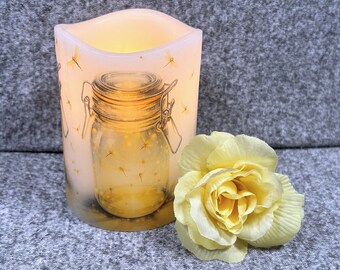 Fireflies in a jar, real wax flameless candle,twinkling lightening bugs caught in a jar, LED candle, whimsical decor3"x4".