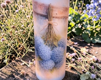 Drying hydrangea blooms, real wax Flameless Candle, blue hydrangeas hung to dry, super, mega-large LED candle, 4"x10".
