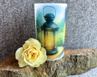 Firefly lantern, real wax flameless candle, black lantern filled with fireflys, room decor, LED candle, 3"x5".