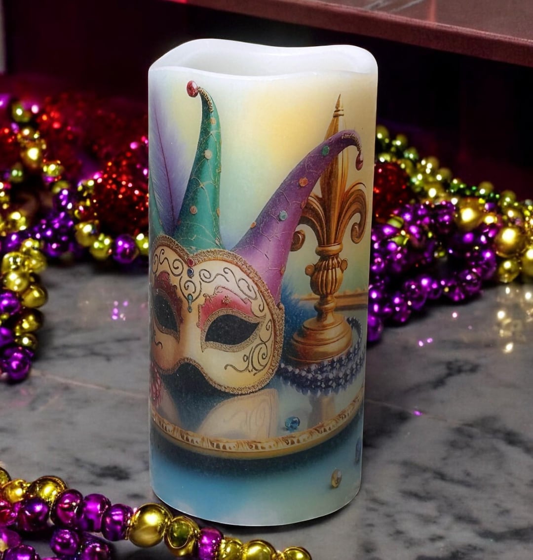 Mardi Gras, Real Wax Flameless Candle, Jester Mask & Fleur-de-lis, Fun ...