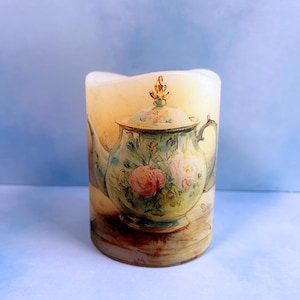 Floral Tea Pot, real wax Flameless Candle, Victorian style teapot image, classic style, cottage core, LED candle, 3&quot;x4&quot;.