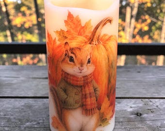 Mr. Chipmunk, real wax flameless candle, adorable chipmunk with pumpkin and fall leaves,  LED, 3"x6".