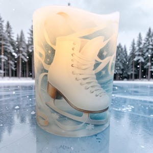 Ice skate with pond in winter, real wax flameless candle, cozy winter LED , built in timer, (3"x4").