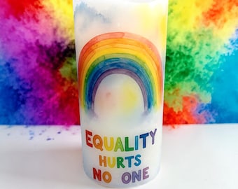 Pride, rainbow design, real wax flameless candle, Equality Hurts No One, for Pride month and beyond, LED candle, 3"x6".