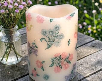Delicate floral, real wax flameless candle, lovely, simple, pastel floral design,  LED candle, 3"x4".