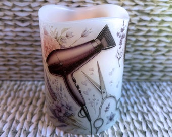 Tools of the trade real wax flameless candle, dryer, brush and scissors candle for your favorite hair stylist or enthusiast,  3&quot;x4&quot;.