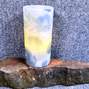 Blue Floral, real wax flameless candle, watercolor style image of flowers, LED candle, 3&quot;x6&quot;.