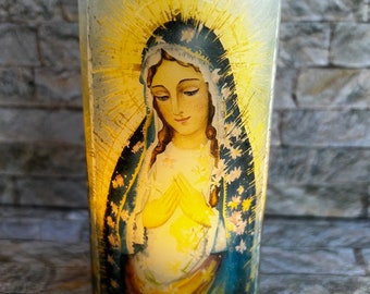 Our Lady of Guadalupe , real wax flameless candle, lovely religious candle, LED candle, would make great gift,  3"x6".