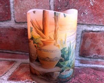 Southwestern pottery against a lovely landscape, real wax flameless candle, pottery image on LED candle for the home, 3"x4".