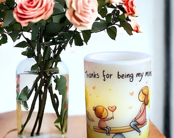 Little girl and mom on seesaw, real wax flameless candle, says, "Thanks for being my mom.", Mother's Day gift, LED candle for mom, 3"x4".