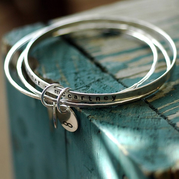Customized Stacking Silver Bangle Set. Special Mom Gift. Mothers Day Gift. Wedding Gift. Gift for Mom Personalized Stamped Bracelet