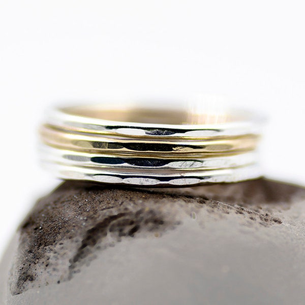 Sterling Silver and Gold Stacking Rings Set of four rings • Hammered and Textured Skinny Mixed Metal Ring set • Alternative wedding bands