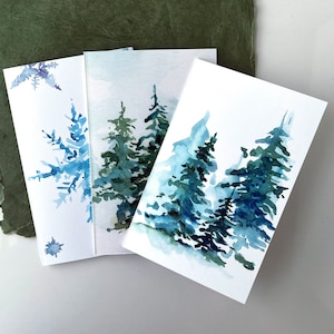 Holiday Themed Cards, Watercolor Christmas Cards, Greeting cards, Winter Theme Cards, Snowflake Card, Pine Tree Cards, Set of Winter Cards,
