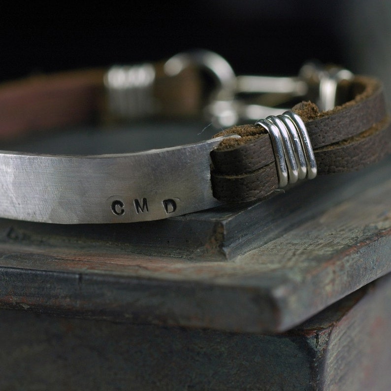 Mens Silver Leather Cuff Bracelet Custom Personalized Etsy